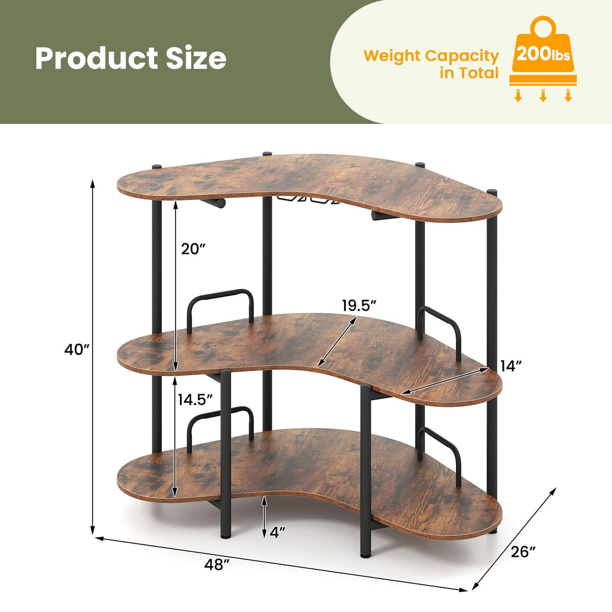 3-Tier Liquor Bar Table with Stemware Racks and Storage Shelves-Rustic Brown view 5