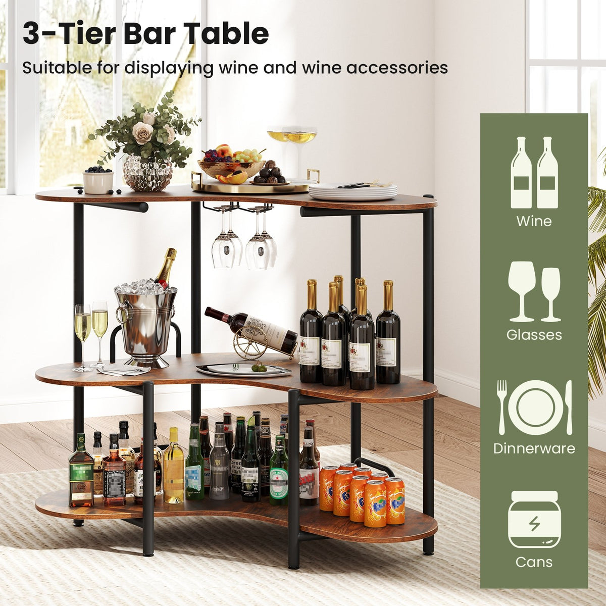 3-Tier Liquor Bar Table with Stemware Racks and Storage Shelves-Rustic Brown view 8