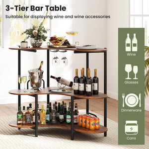 3-Tier Liquor Bar Table with Stemware Racks and Storage Shelves-Rustic Brown view 8