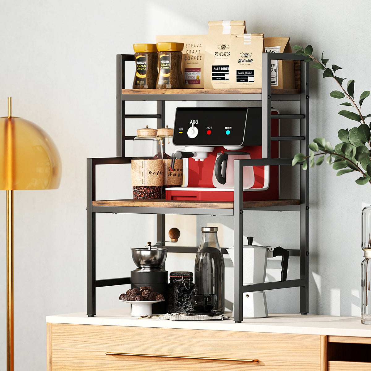 3-Tier Microwave Stand with 2 Open Shelves and Heavy-duty Metal Frame-Rustic Brown view 2