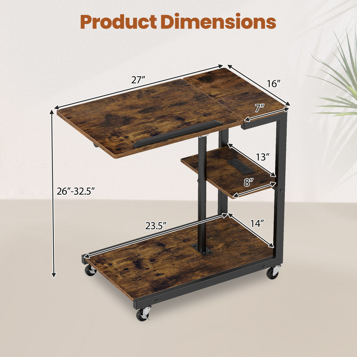 3-Tier Mobile Couch Side Table with Tiltable Tabletop-2 Piece view 4