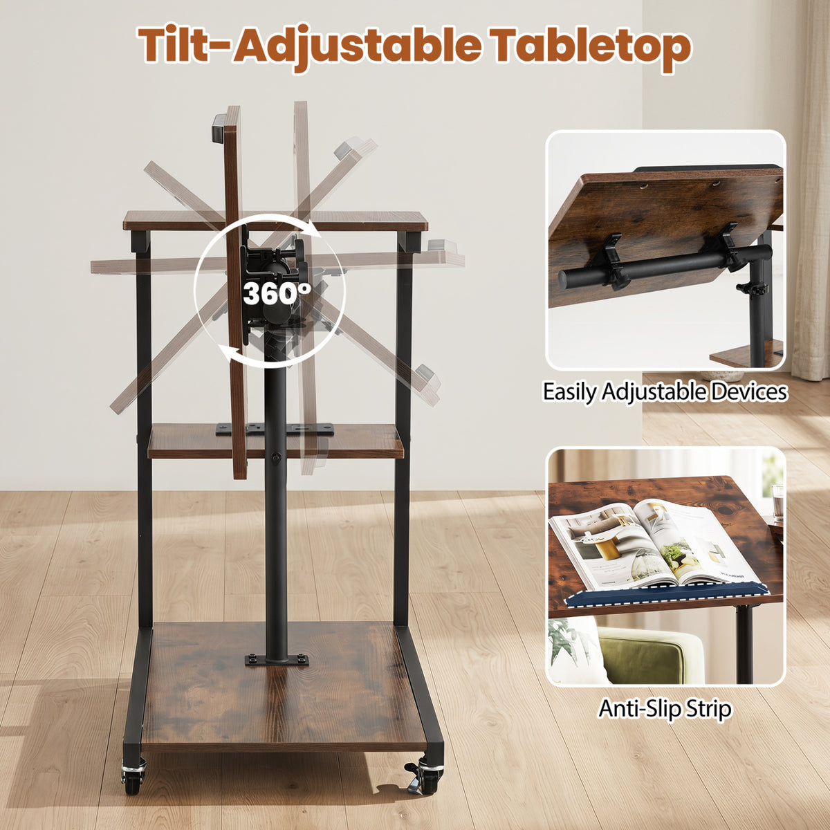 3-Tier Mobile Couch Side Table with Tiltable Tabletop-2 Piece view 7