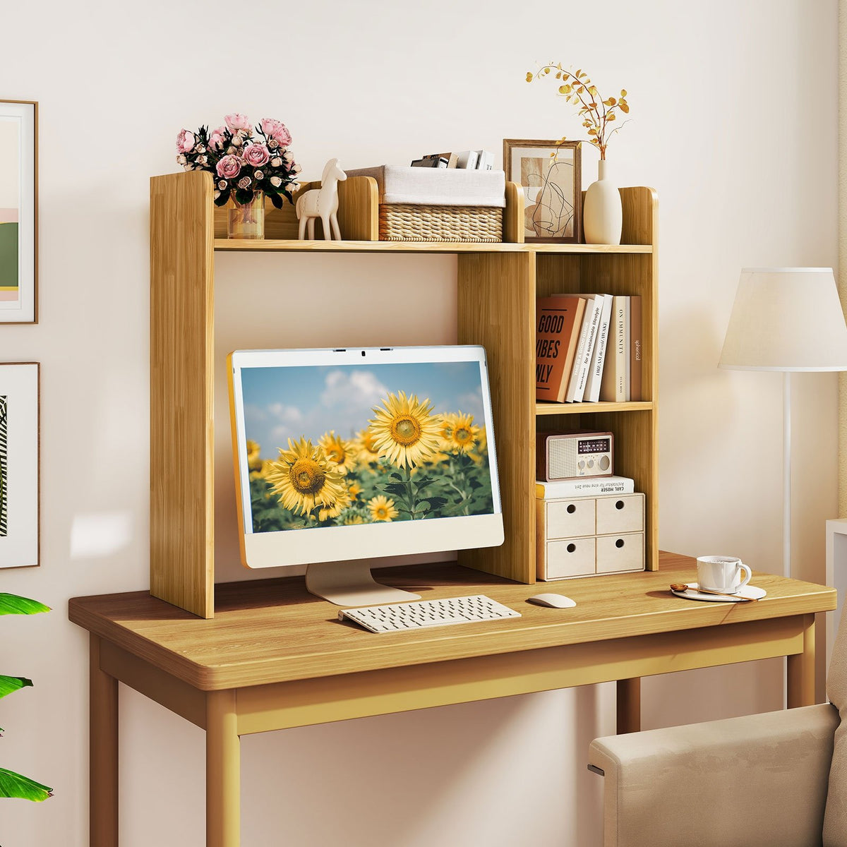 3-Tier Multipurpose Desk Bookshelf with 4 Shelves-Beige view 2