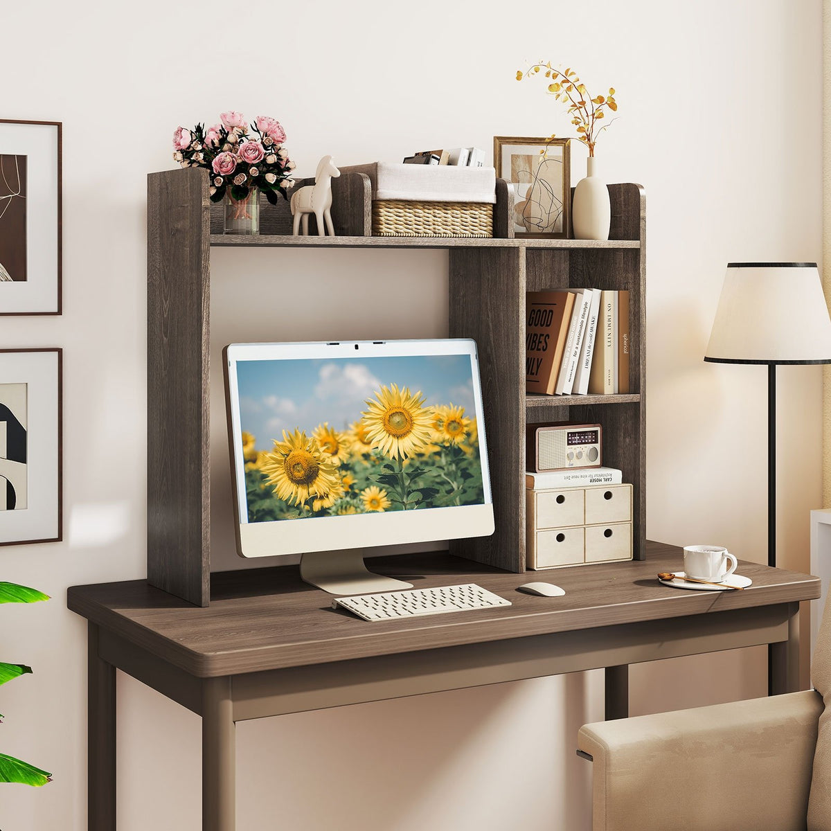 3-Tier Multipurpose Desk Bookshelf with 4 Shelves-Oak view 2