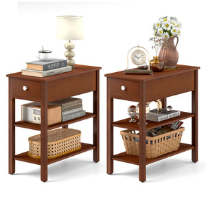 3-Tier Narrow End Table with Drawer and Storage Shelves Set of 2-Brown view 4