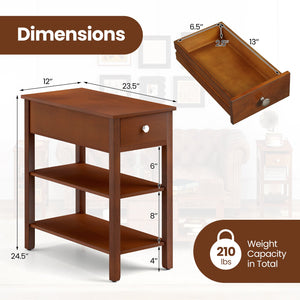 3-Tier Narrow End Table with Drawer and Storage Shelves Set of 2-Brown view 5