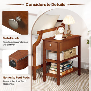 3-Tier Narrow End Table with Drawer and Storage Shelves Set of 2-Brown view 6