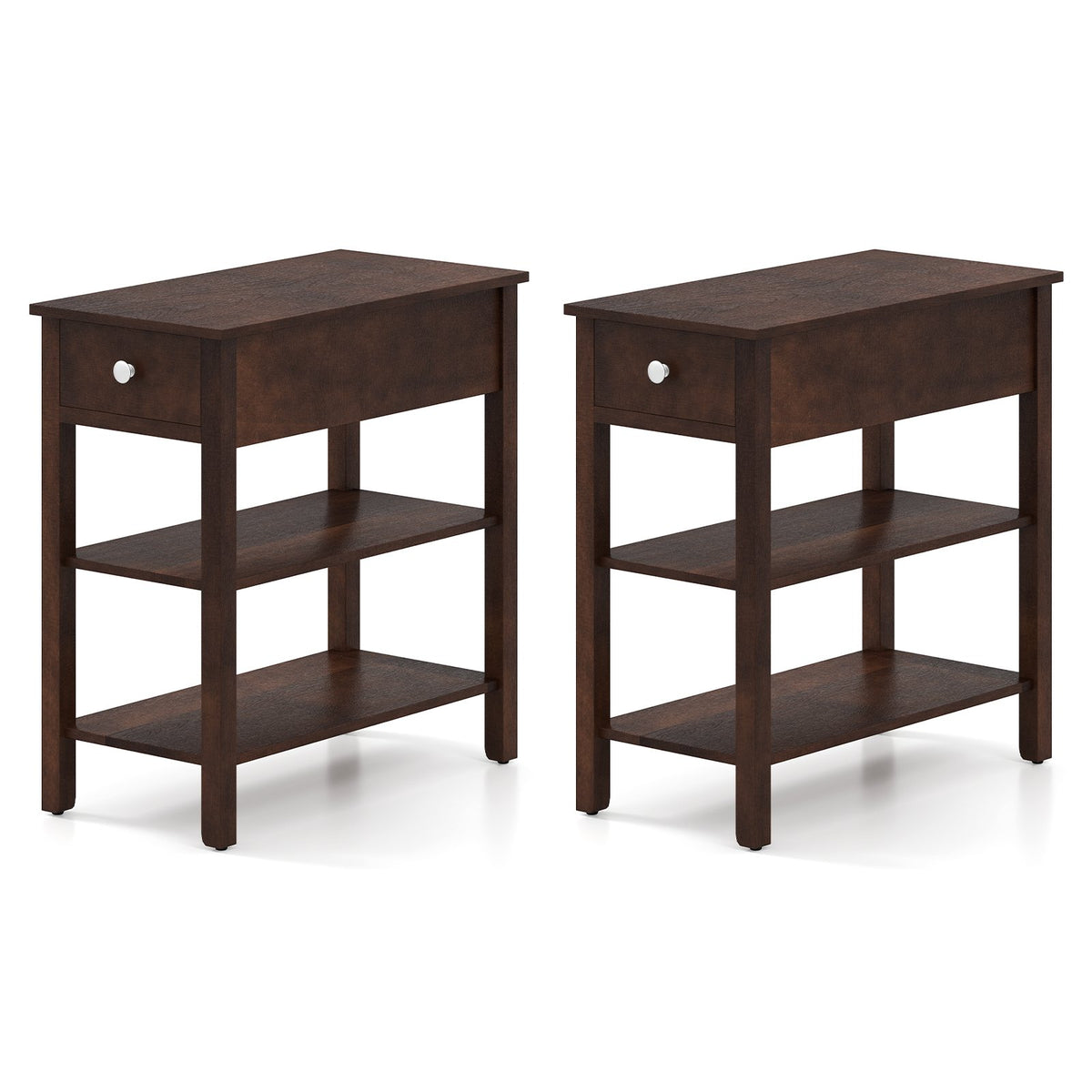 3-Tier Narrow End Table with Drawer and Storage Shelves Set of 2-Walnut