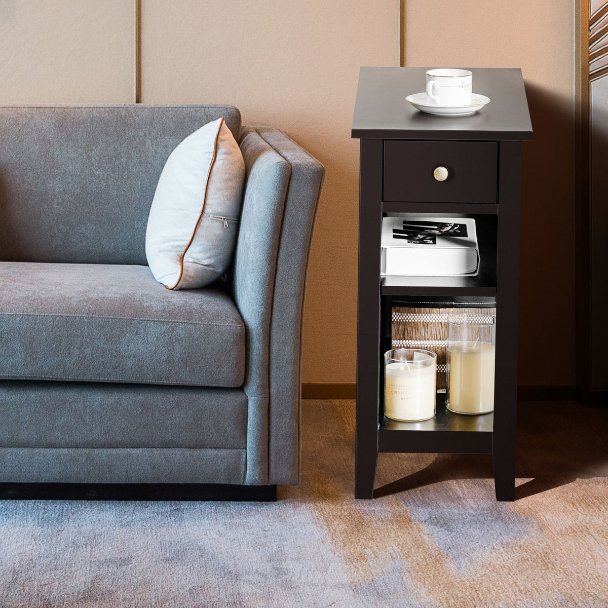 3-Tier Nightstand Bedside Table Sofa Side with Double Shelves Drawer-Coffee view 2