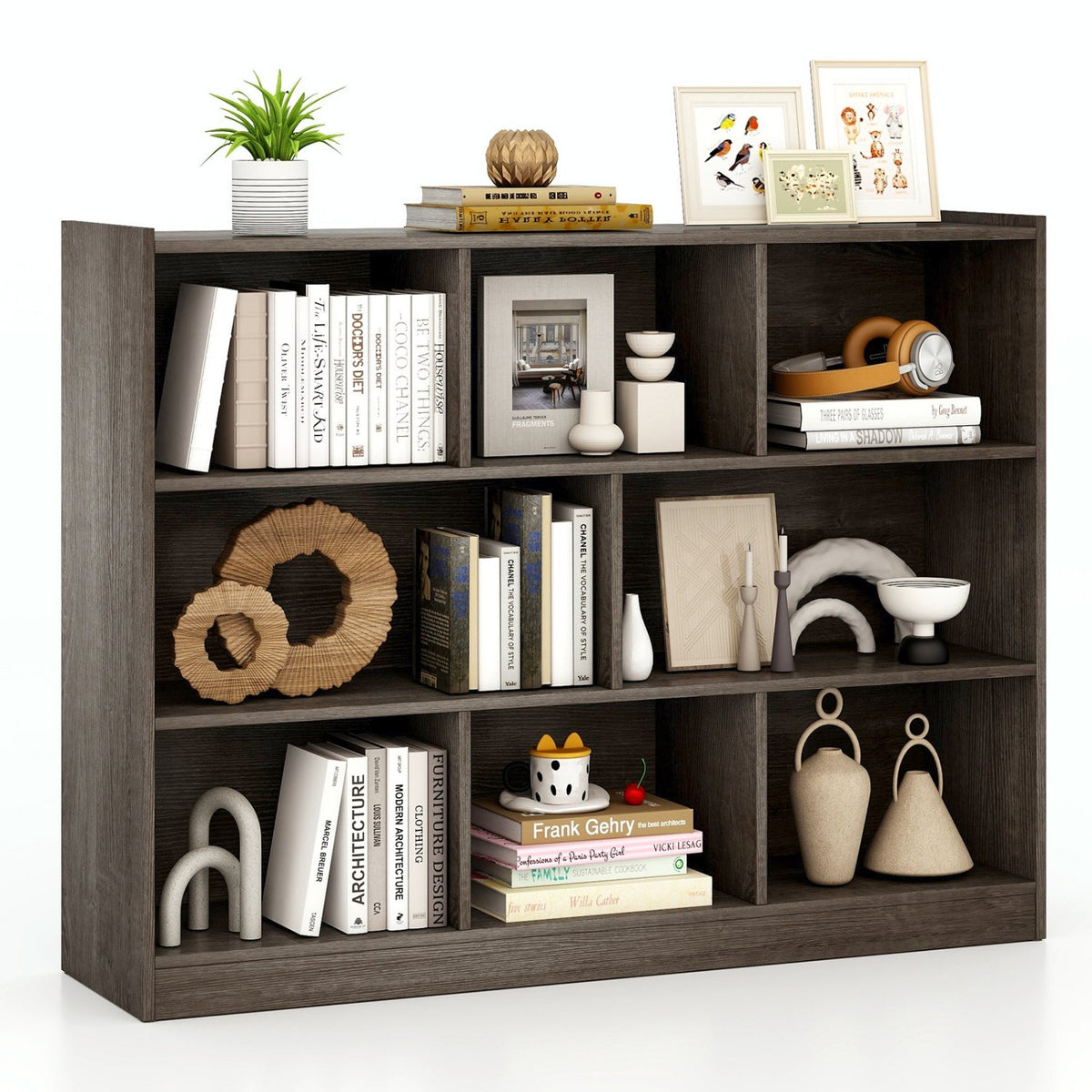 3-Tier Open Bookcase 8-Cube Floor Standing Storage Shelves Display Cabinet-Gray