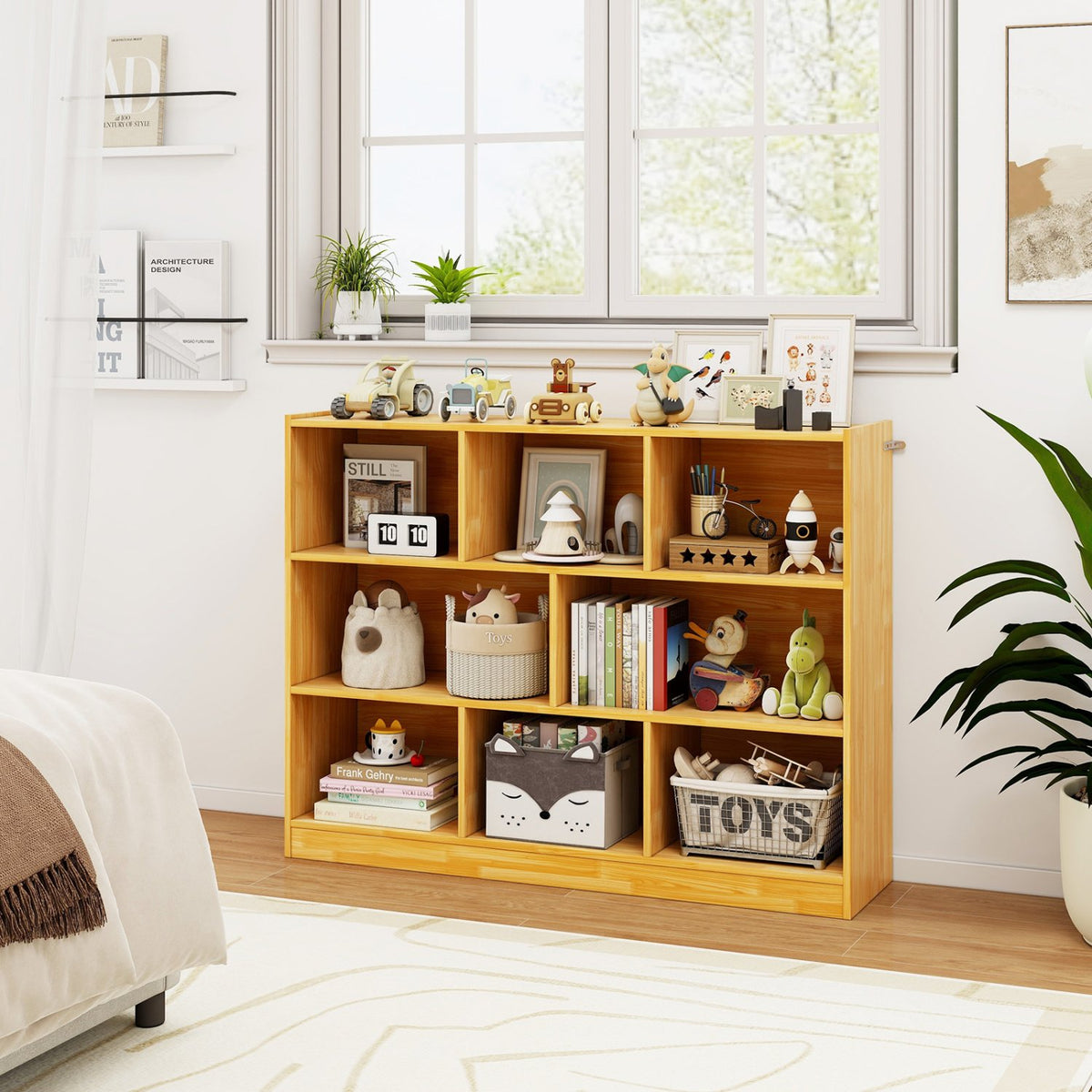 3-Tier Open Bookcase 8-Cube Floor Standing Storage Shelves Display Cabinet-Yellow view 2