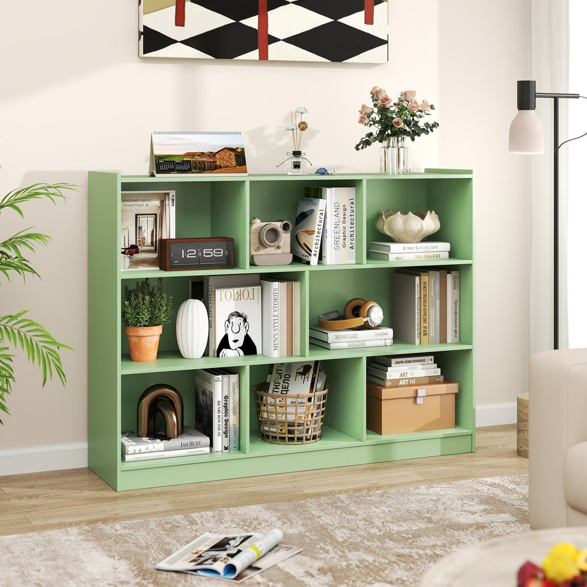 3-Tier Open Bookcase 8-Cube Floor Standing Storage Shelves-Green view 2