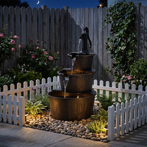 3-Tier Outdoor Barrel Waterfall Fountain with Electric Pump view 2