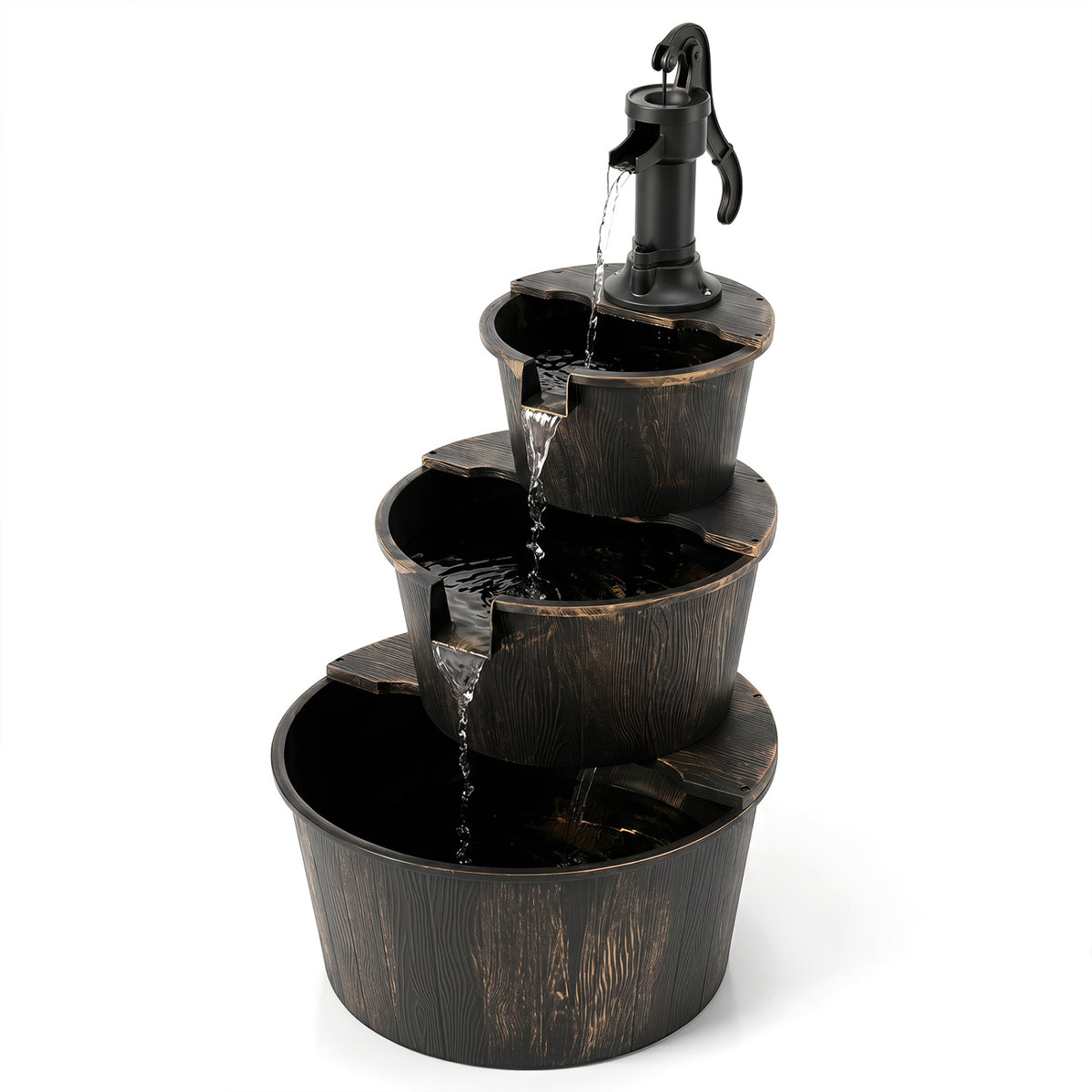 3-Tier Outdoor Barrel Waterfall Fountain with Electric Pump view 4