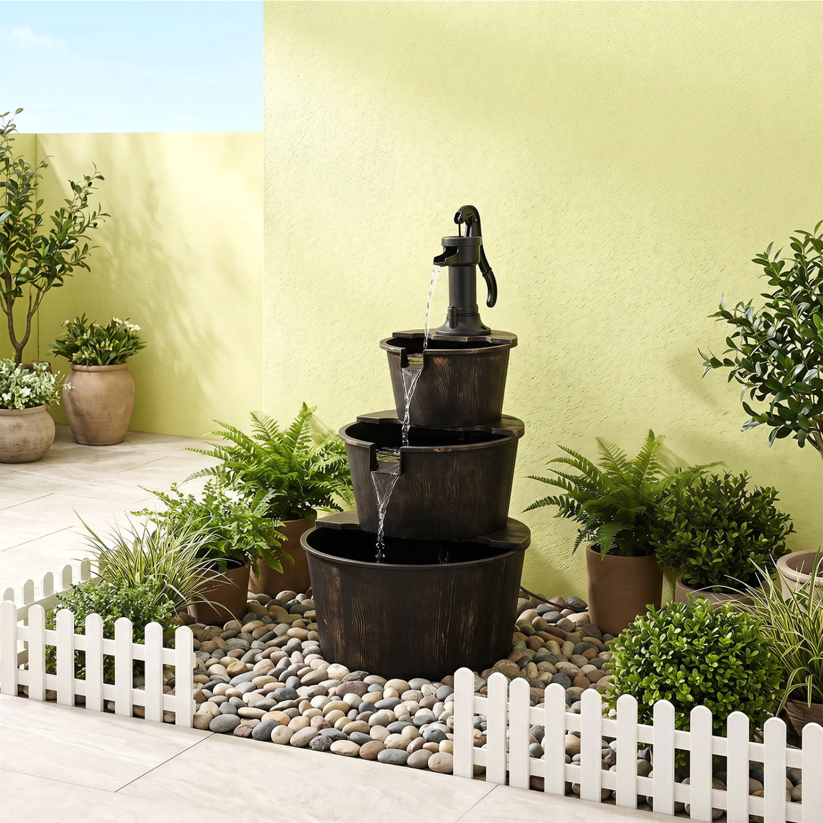 3-Tier Outdoor Barrel Waterfall Fountain with Electric Pump view 6