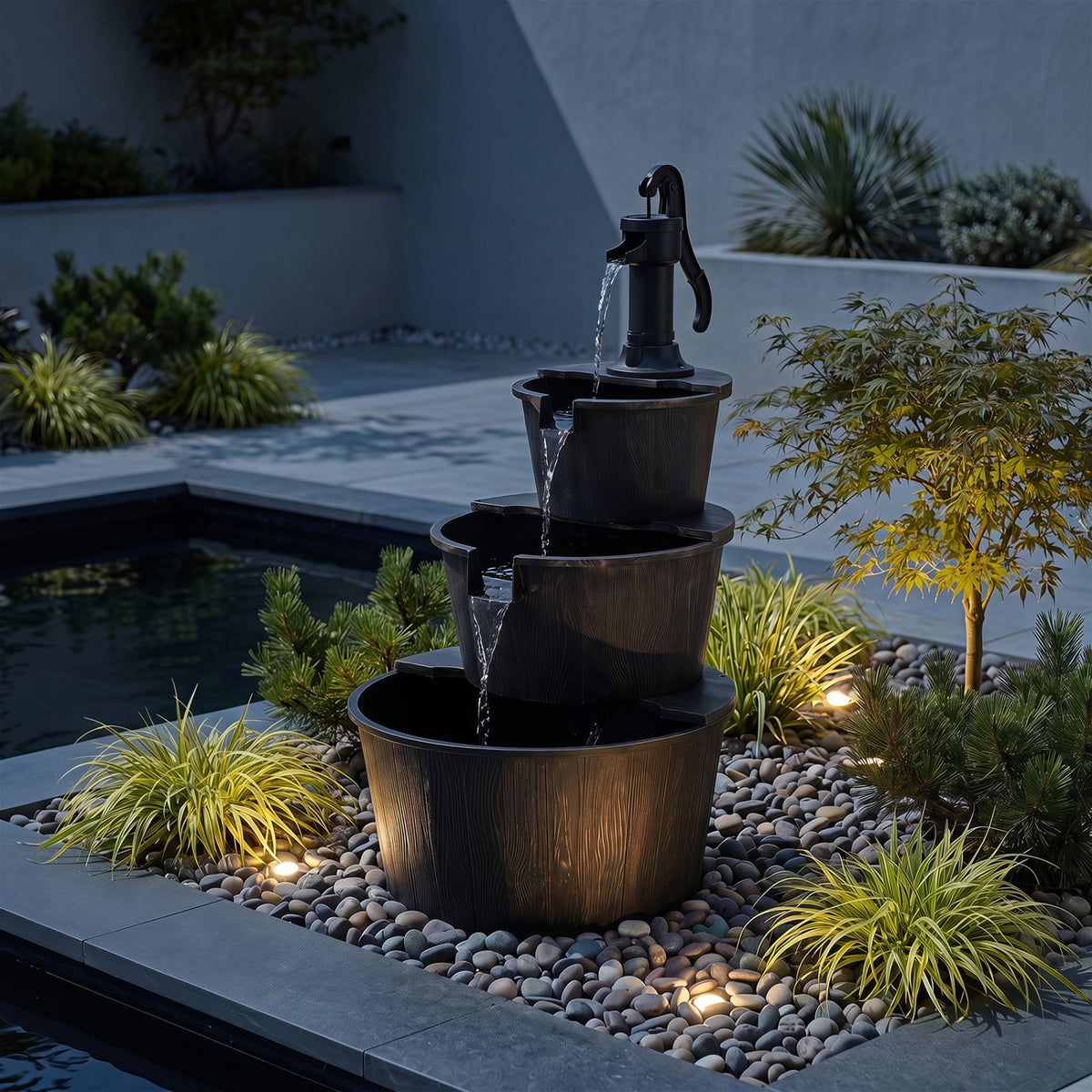 3-Tier Outdoor Barrel Waterfall Fountain with Electric Pump view 7