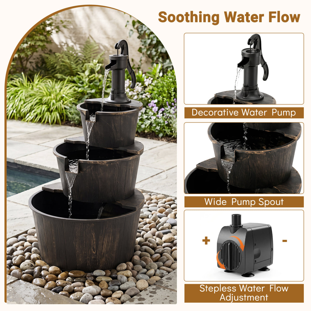 3-Tier Outdoor Barrel Waterfall Fountain with Electric Pump view 8
