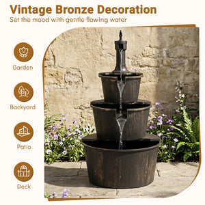 3-Tier Outdoor Barrel Waterfall Fountain with Electric Pump view 9