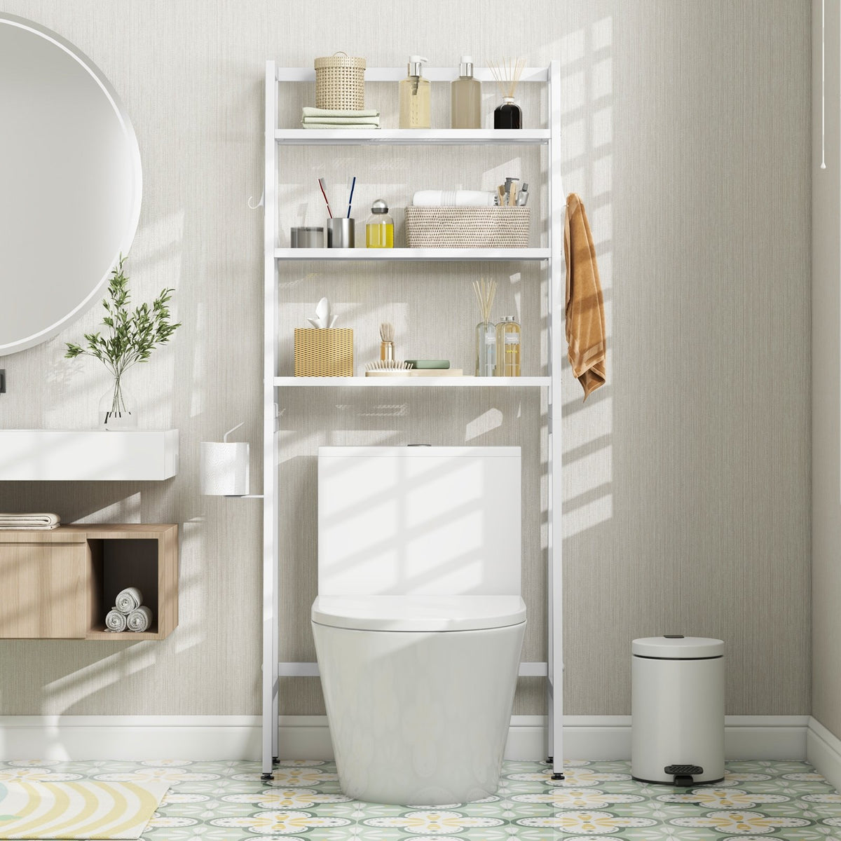 3-Tier Over The Toilet Storage Shelf with Adjustable Bottom Bar-White view 3