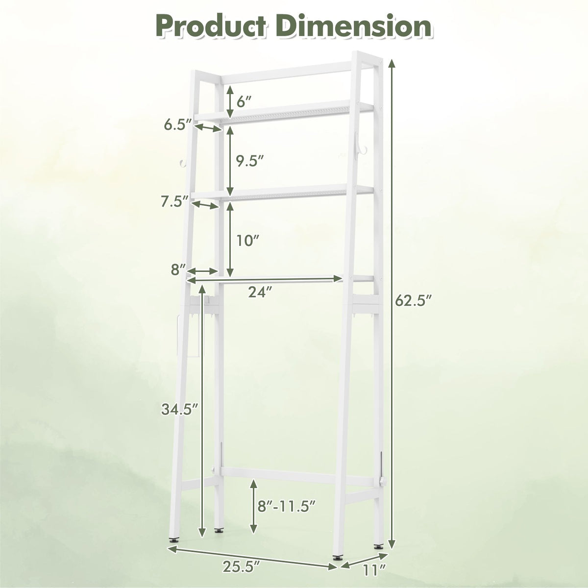 3-Tier Over The Toilet Storage Shelf with Adjustable Bottom Bar-White view 5