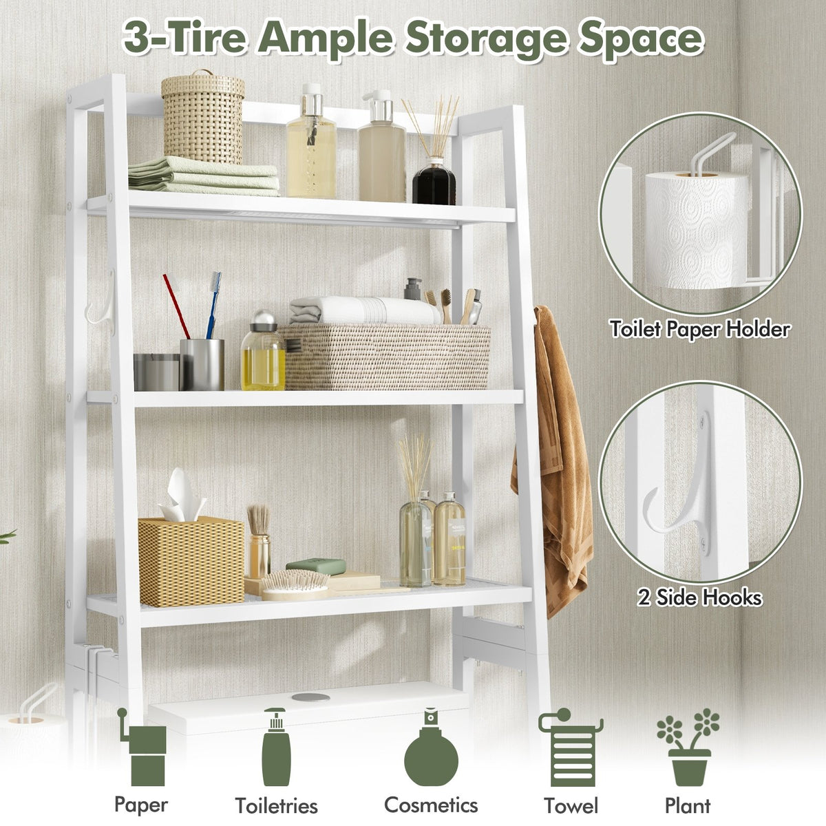 3-Tier Over The Toilet Storage Shelf with Adjustable Bottom Bar-White view 7