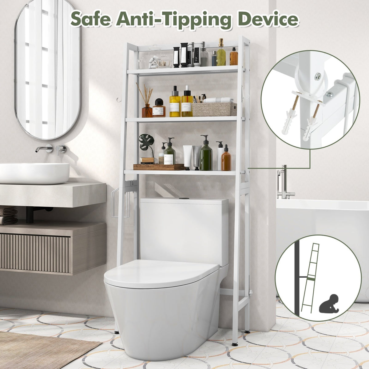 3-Tier Over The Toilet Storage Shelf with Adjustable Bottom Bar-White view 8