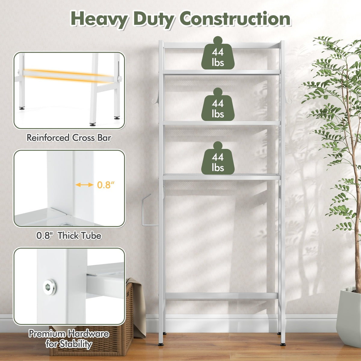 3-Tier Over The Toilet Storage Shelf with Adjustable Bottom Bar-White view 9