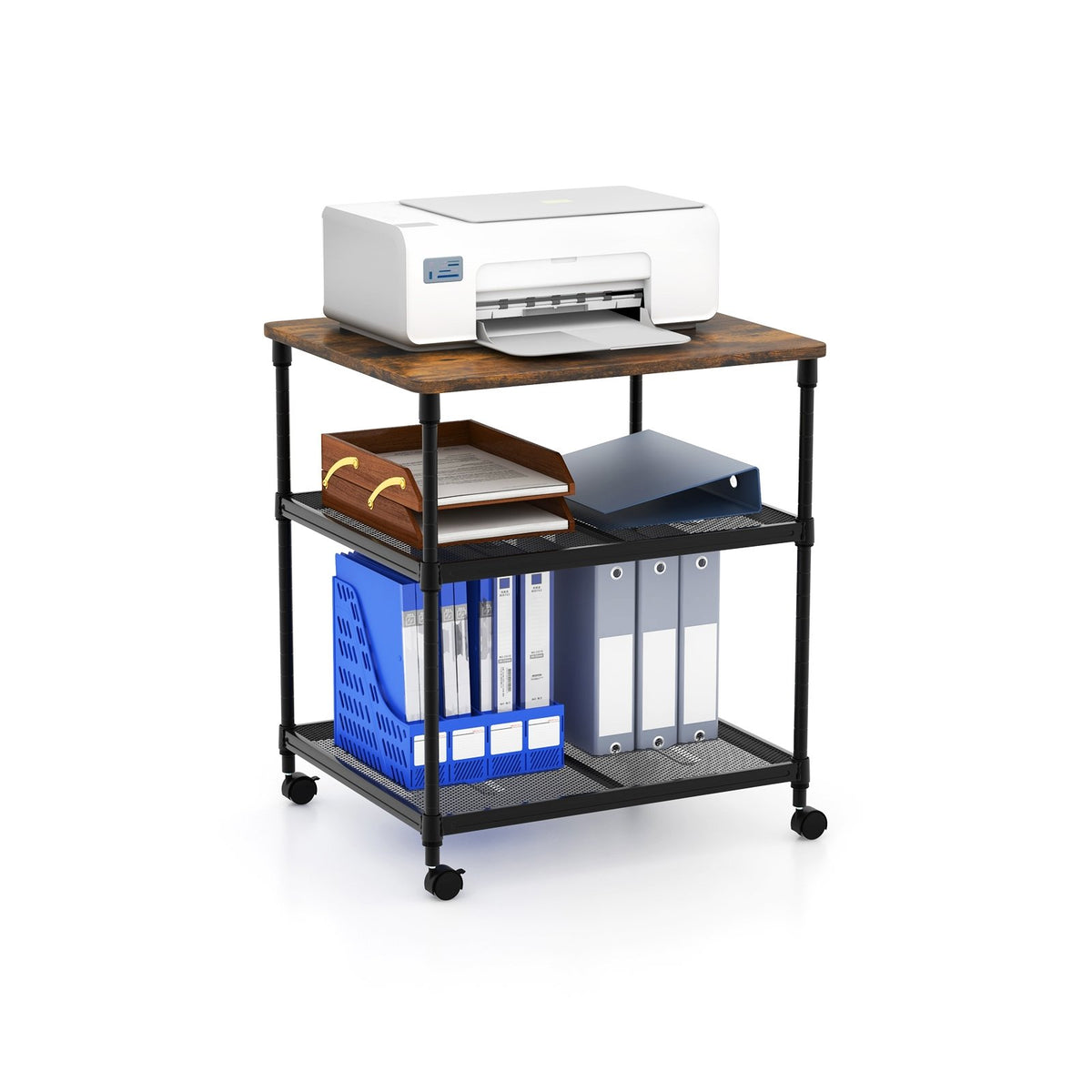 3 Tier Printer Stand Rolling Fax Cart with Adjustable Shelf and Swivel Wheels-Coffee