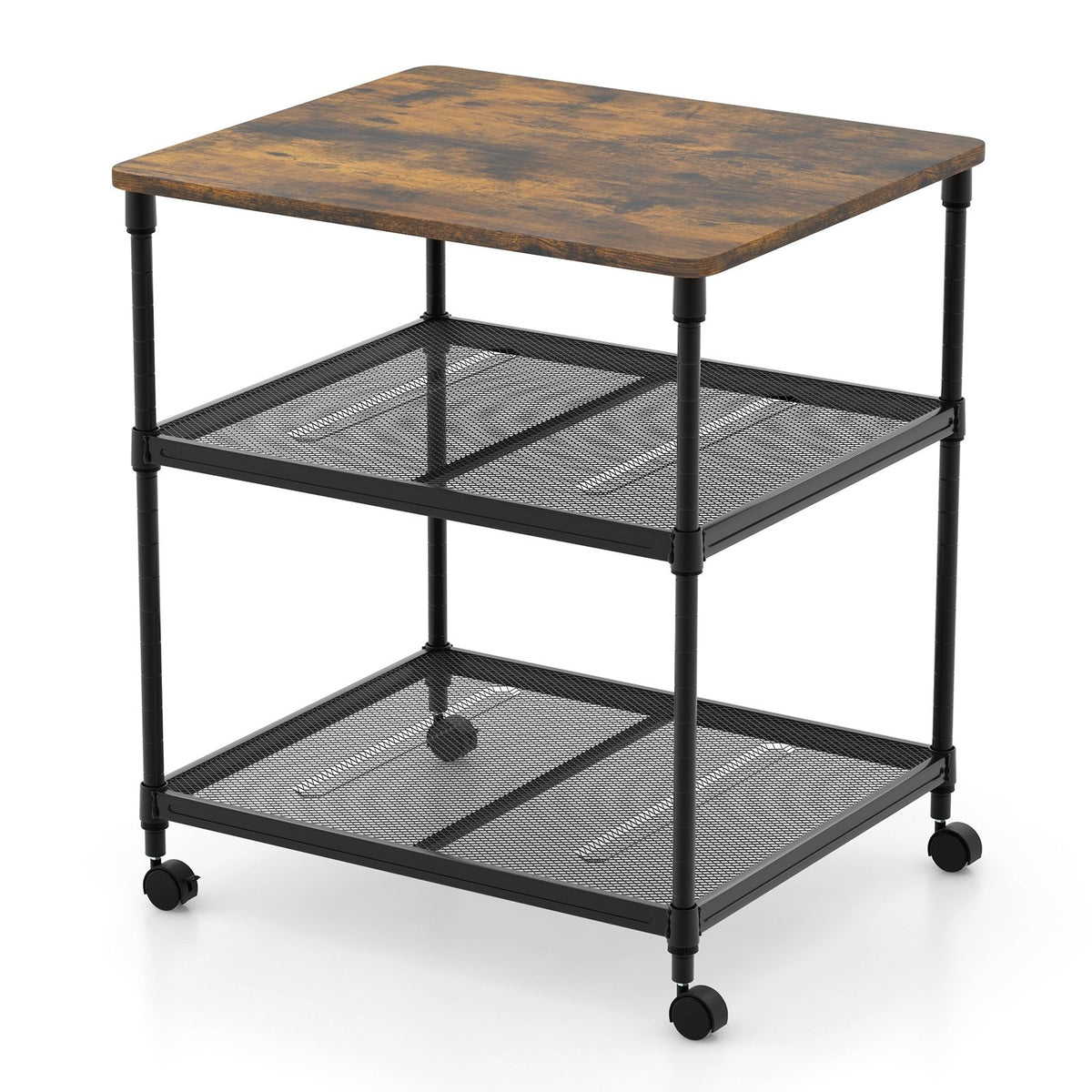 3 Tier Printer Stand Rolling Fax Cart with Adjustable Shelf and Swivel Wheels-Coffee view 4