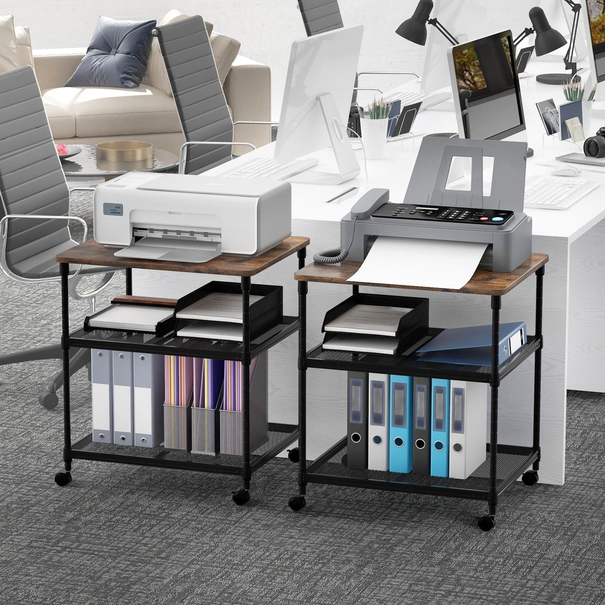 3 Tier Printer Stand Rolling Fax Cart with Adjustable Shelf and Swivel Wheels-Coffee view 5