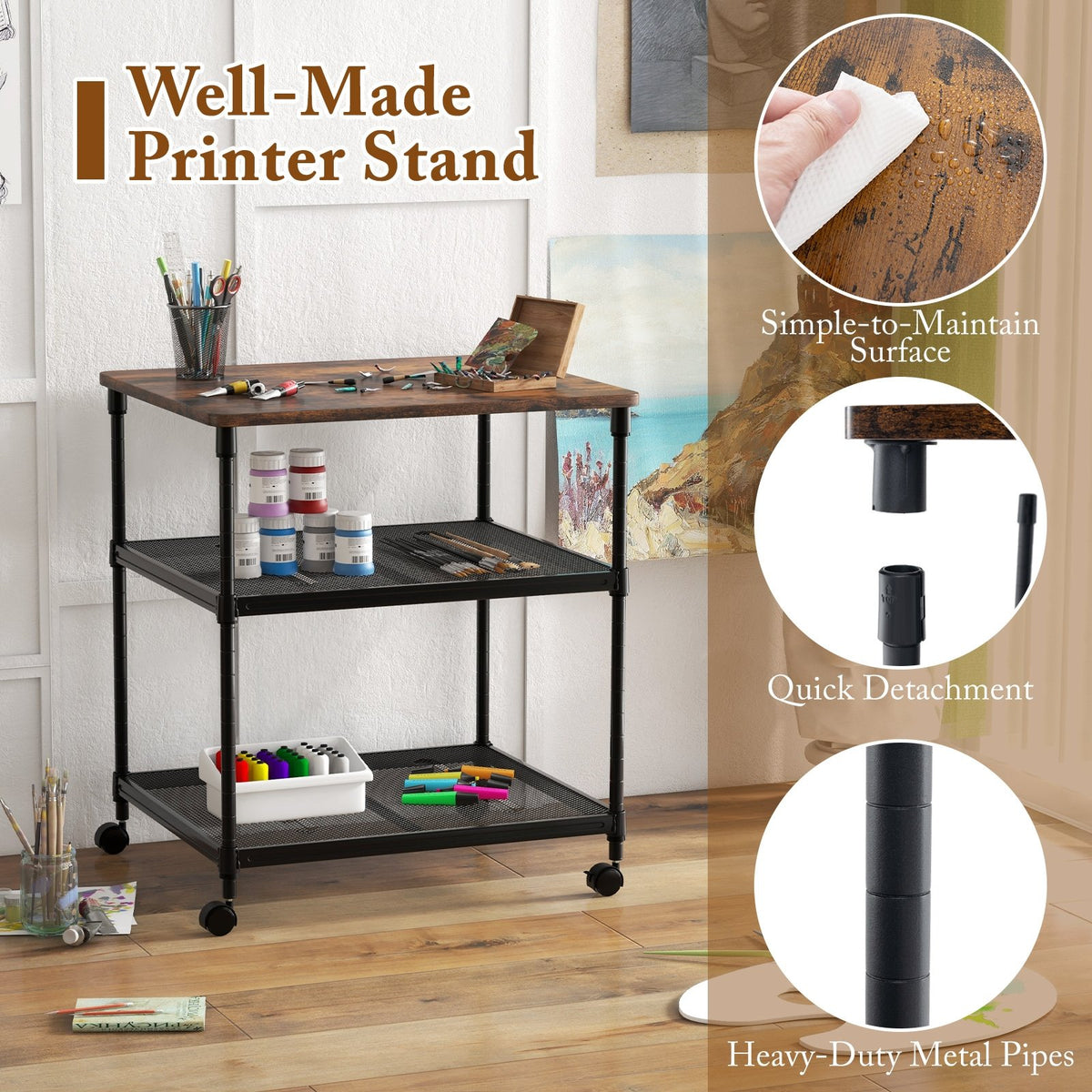 3 Tier Printer Stand Rolling Fax Cart with Adjustable Shelf and Swivel Wheels-Coffee view 7