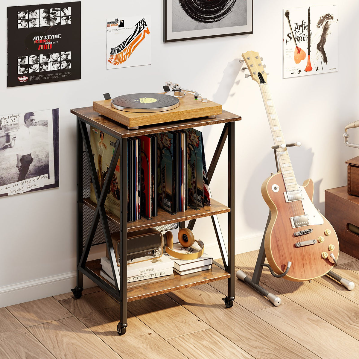 3-Tier Record Player Stand with Charging Station and Adjustable Shelf-Coffee view 2