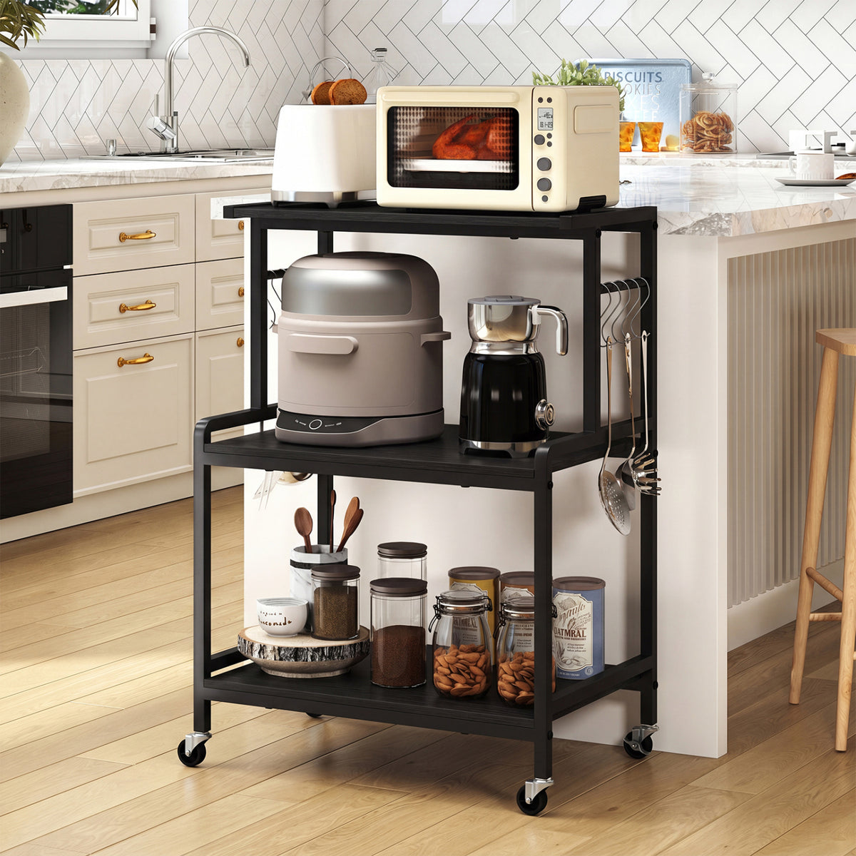 3-Tier Rolling Microwave Cart with Power Outlet and Lockable Wheels and 10 Hooks-Black view 2