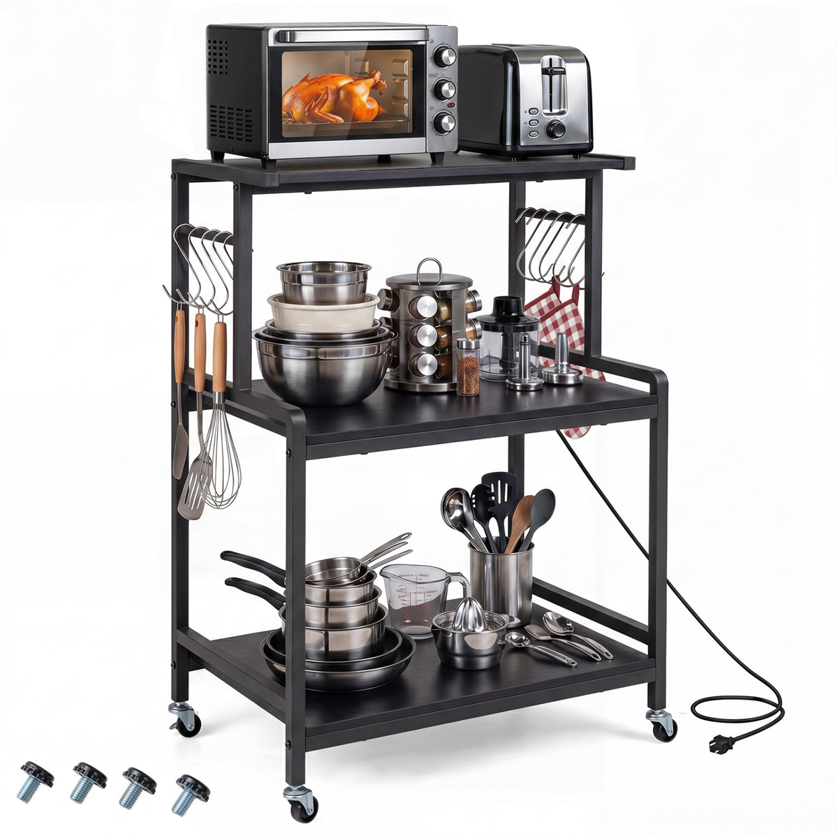 3-Tier Rolling Microwave Cart with Power Outlet and Lockable Wheels and 10 Hooks-Black view 3