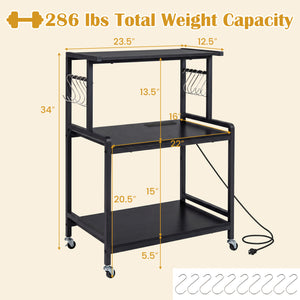 3-Tier Rolling Microwave Cart with Power Outlet and Lockable Wheels and 10 Hooks-Black view 4