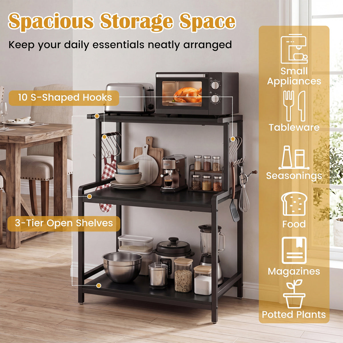 3-Tier Rolling Microwave Cart with Power Outlet and Lockable Wheels and 10 Hooks-Black view 5