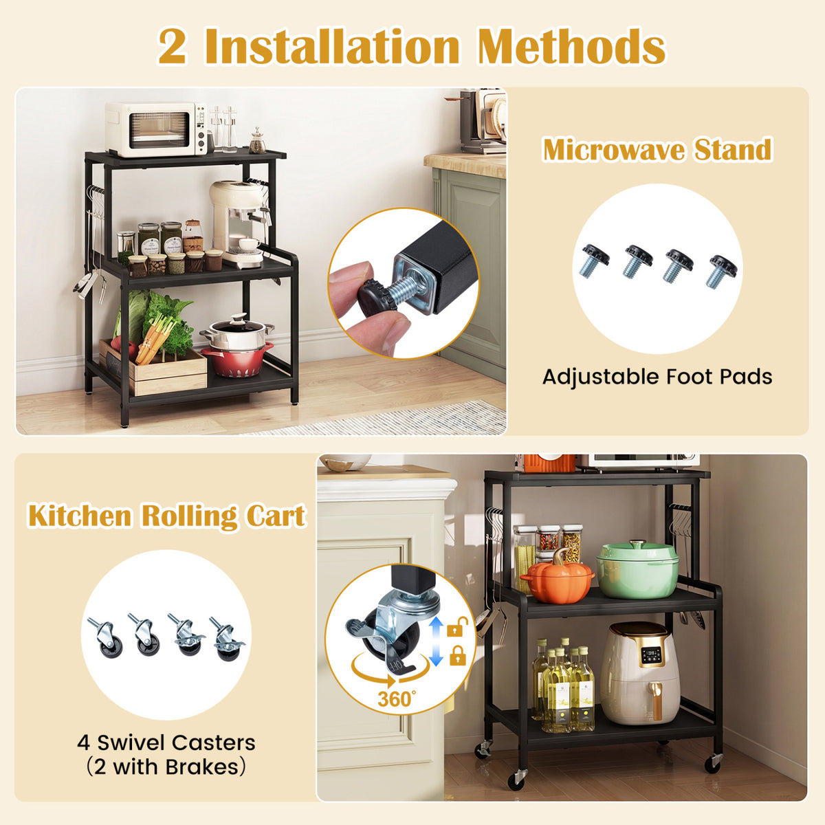 3-Tier Rolling Microwave Cart with Power Outlet and Lockable Wheels and 10 Hooks-Black view 6