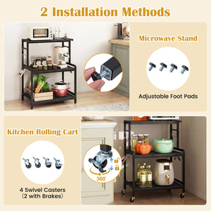 3-Tier Rolling Microwave Cart with Power Outlet and Lockable Wheels and 10 Hooks-Black view 6