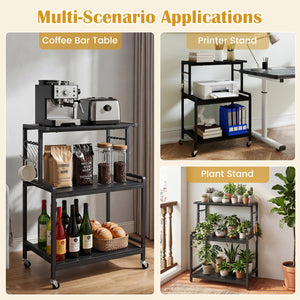 3-Tier Rolling Microwave Cart with Power Outlet and Lockable Wheels and 10 Hooks-Black view 9