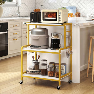 3-Tier Rolling Microwave Cart with Power Outlet and Lockable Wheels and 10 Hooks-White view 2
