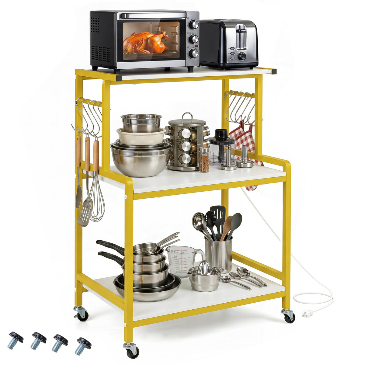 3-Tier Rolling Microwave Cart with Power Outlet and Lockable Wheels and 10 Hooks-White view 3