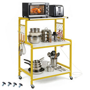 3-Tier Rolling Microwave Cart with Power Outlet and Lockable Wheels and 10 Hooks-White view 3