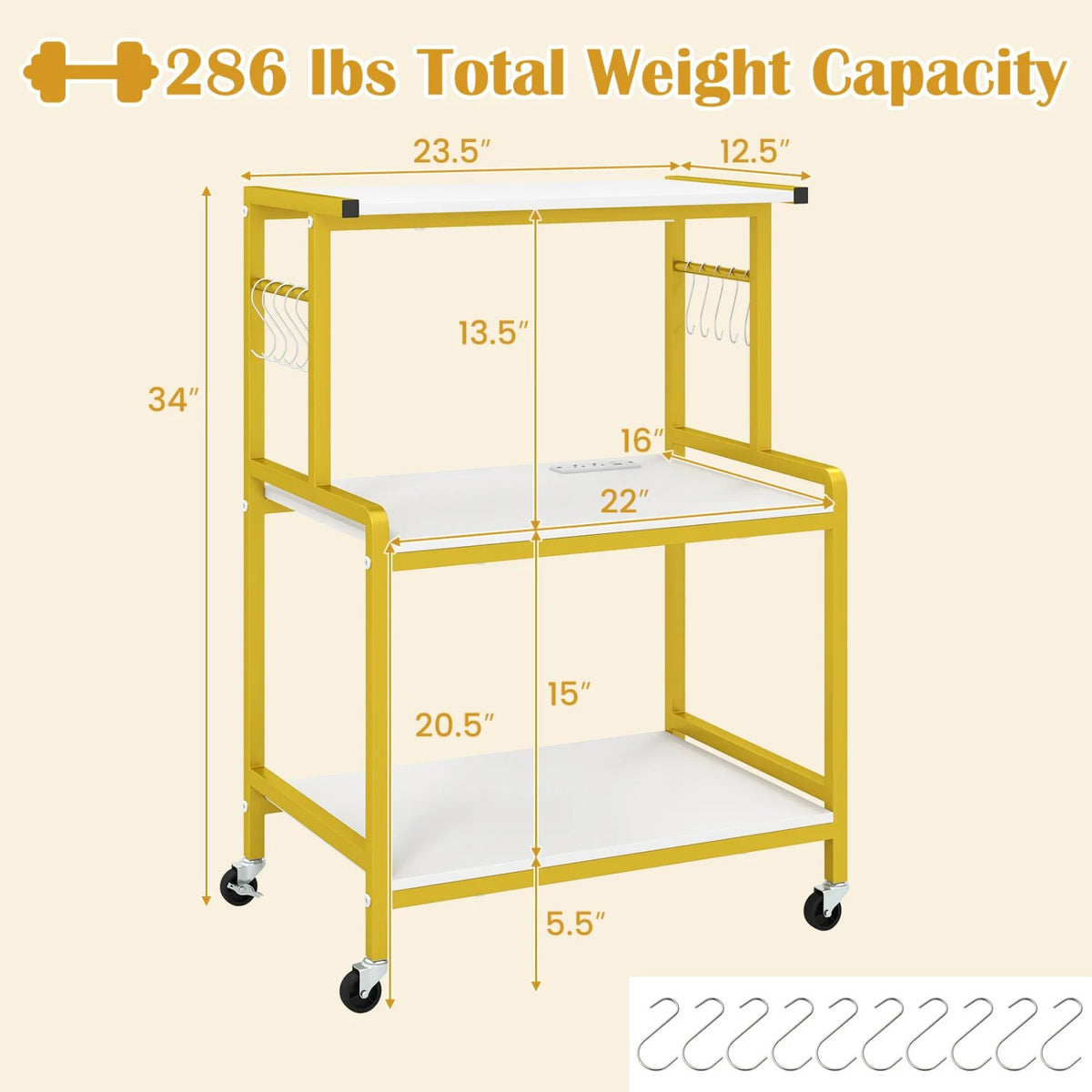 3-Tier Rolling Microwave Cart with Power Outlet and Lockable Wheels and 10 Hooks-White view 4