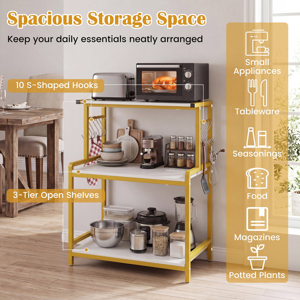3-Tier Rolling Microwave Cart with Power Outlet and Lockable Wheels and 10 Hooks-White view 5