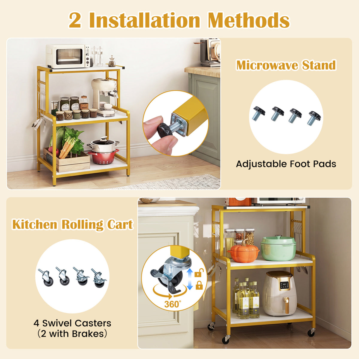 3-Tier Rolling Microwave Cart with Power Outlet and Lockable Wheels and 10 Hooks-White view 6