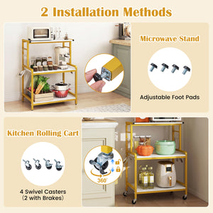 3-Tier Rolling Microwave Cart with Power Outlet and Lockable Wheels and 10 Hooks-White view 6