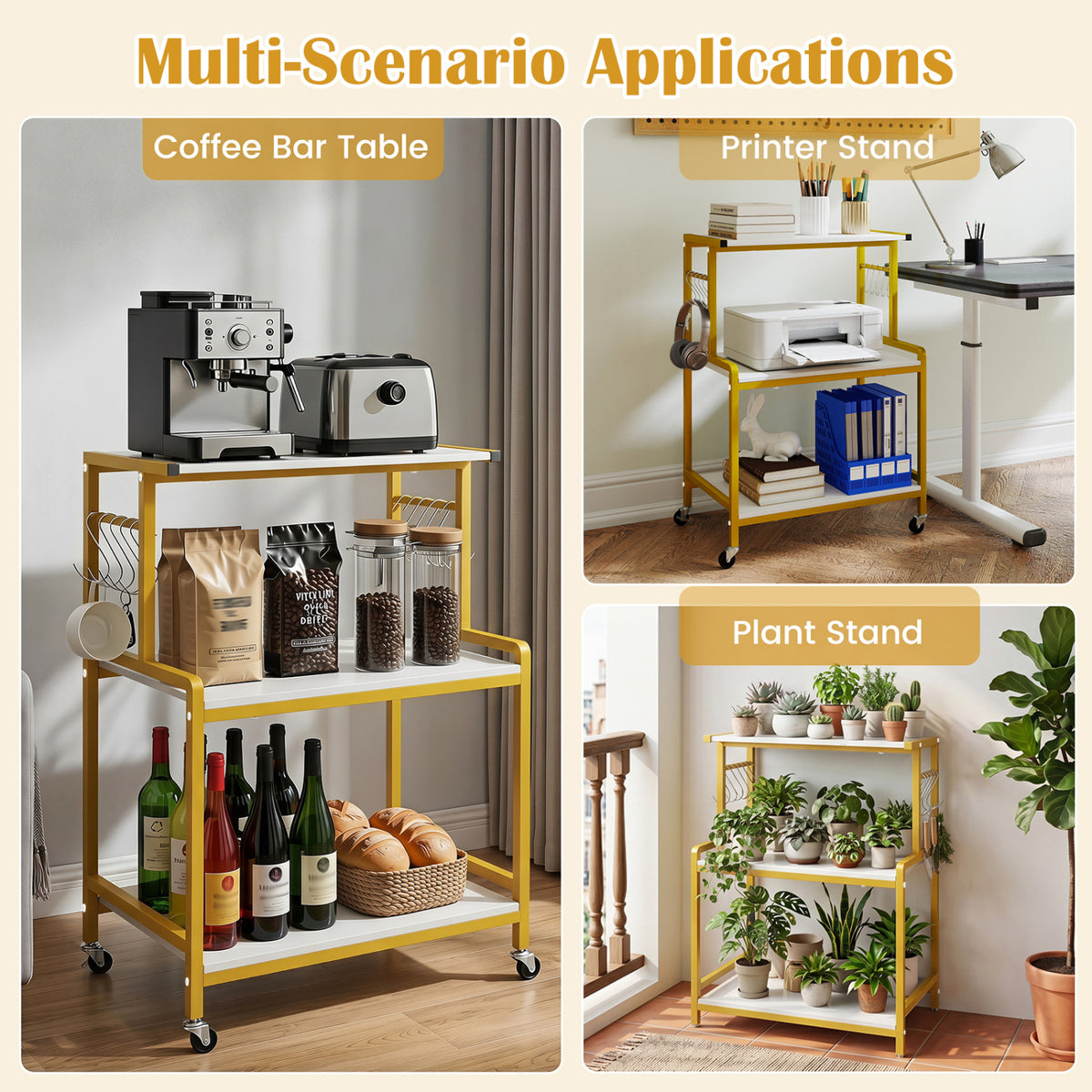3-Tier Rolling Microwave Cart with Power Outlet and Lockable Wheels and 10 Hooks-White view 9