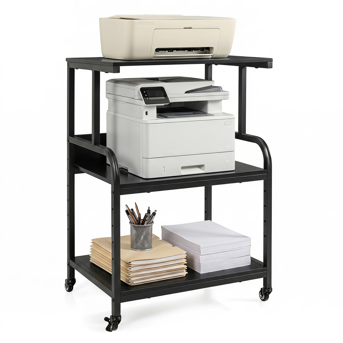 3-Tier Rolling Printer Stand with Adjustable Shelf and Lockable Wheels-Black