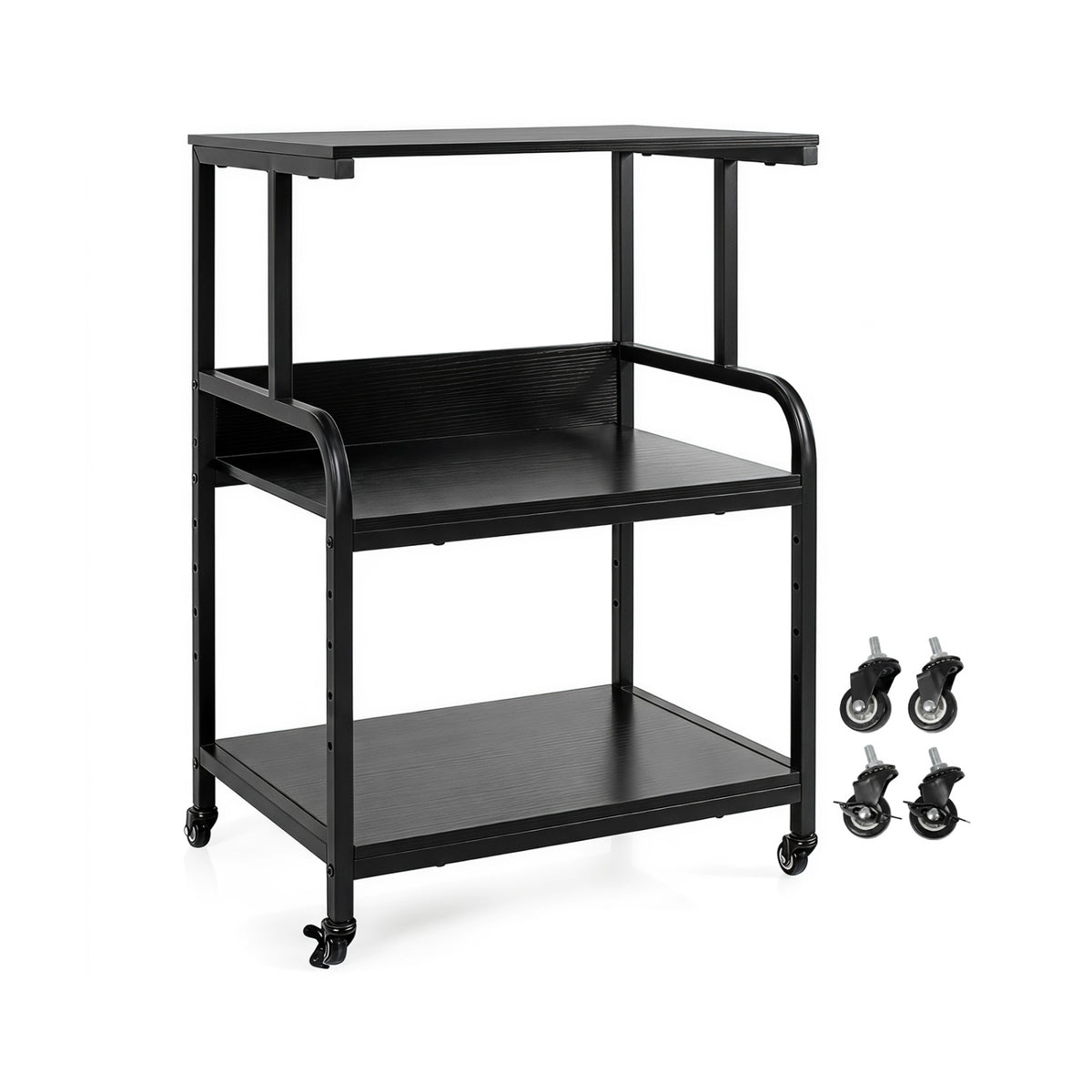 3-Tier Rolling Printer Stand with Adjustable Shelf and Lockable Wheels-Black view 4