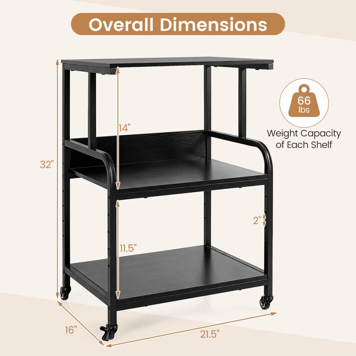 3-Tier Rolling Printer Stand with Adjustable Shelf and Lockable Wheels-Black view 5